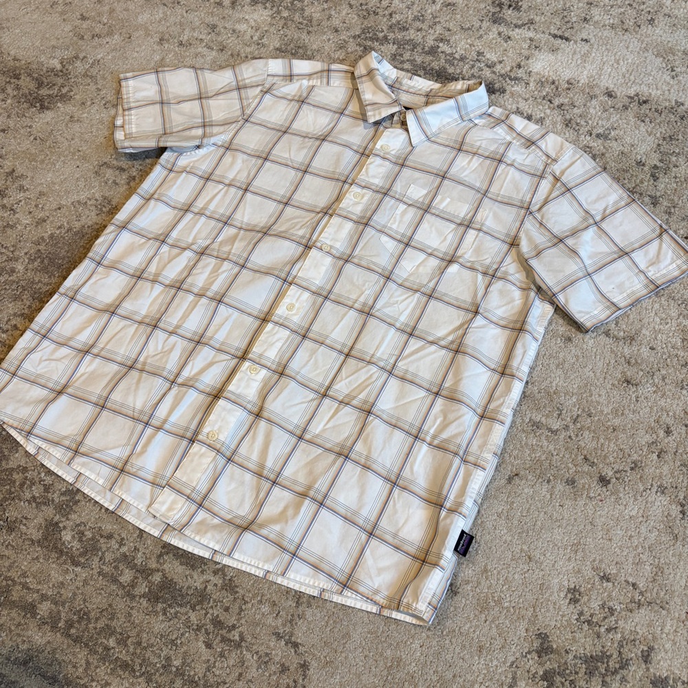 Patagonia Cream Short Sleeve Plaid Button Down Organic Cotton Shirt